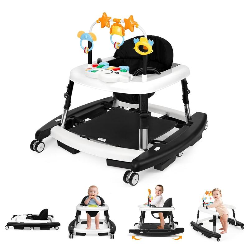 5-in-1 Baby Walker for 6-18 Months, 5 Adjustable Heights, Foldable Activity Walker with Bouncer, Music, Feeding Tray & Removable Footrest