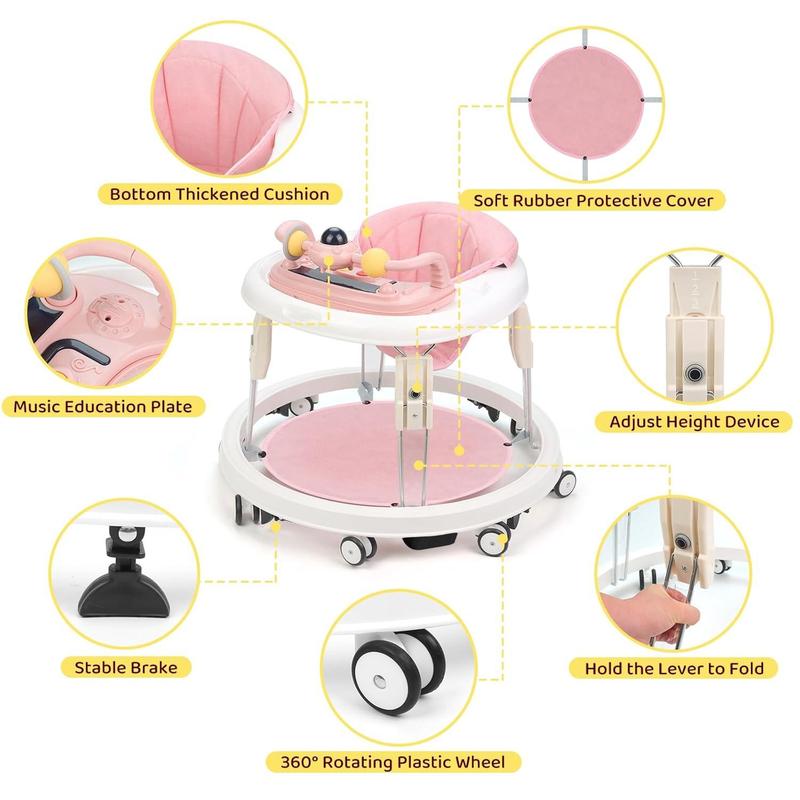 1-Touch Foldable Anti Fall Baby Walker, 7 Adjustable Heights, Portable Design, Anti-Rollover, Music Toy