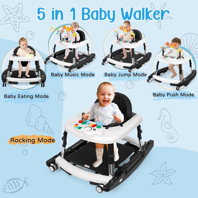 5-in-1 Baby Walker for 6-18 Months, 5 Adjustable Heights, Foldable Activity Walker with Bouncer, Music, Feeding Tray & Removable Footrest
