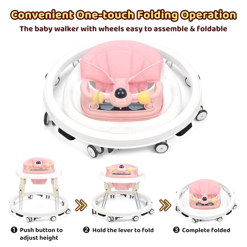 1-Touch Foldable Anti Fall Baby Walker, 7 Adjustable Heights, Portable Design, Anti-Rollover, Music Toy