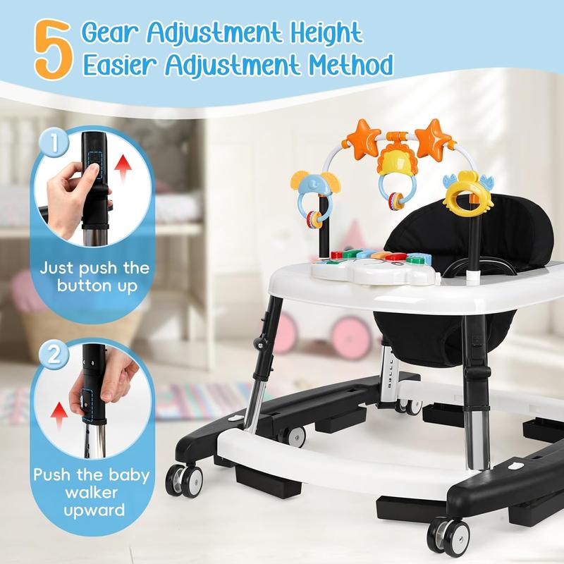 5-in-1 Baby Walker for 6-18 Months, 5 Adjustable Heights, Foldable Activity Walker with Bouncer, Music, Feeding Tray & Removable Footrest