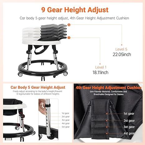 Baby Walker Foldable with Wheels, 9 Adjustable Heights, 7–18 Months