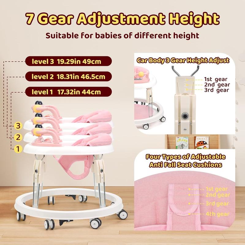 1-Touch Foldable Anti Fall Baby Walker, 7 Adjustable Heights, Portable Design, Anti-Rollover, Music Toy