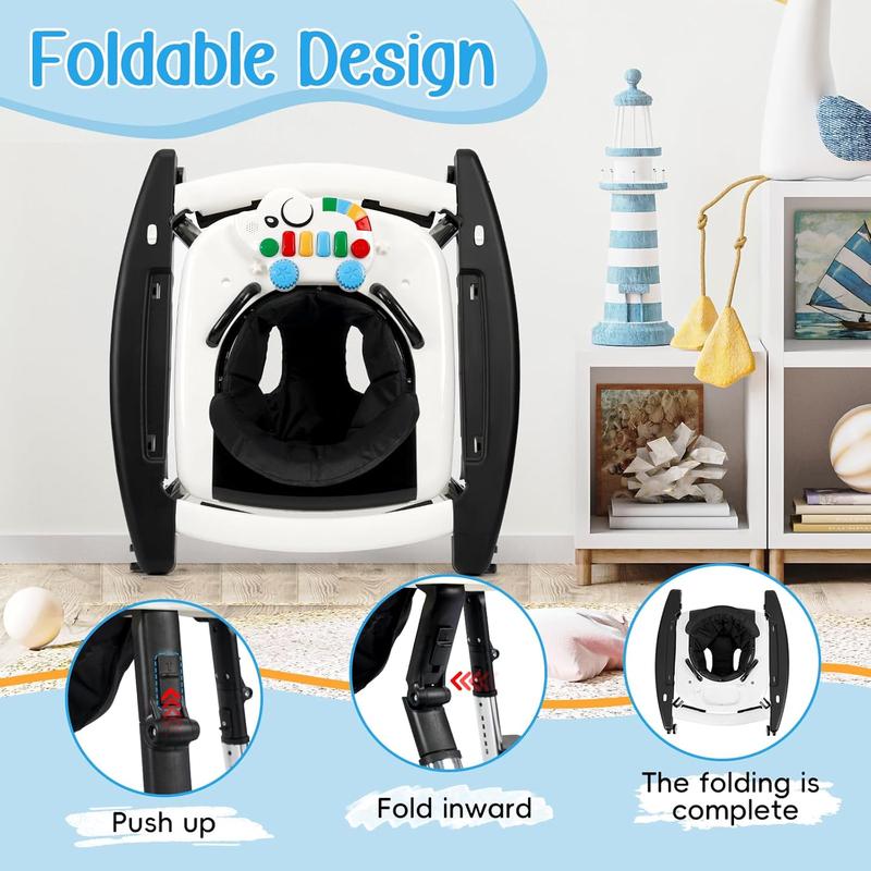 5-in-1 Baby Walker for 6-18 Months, 5 Adjustable Heights, Foldable Activity Walker with Bouncer, Music, Feeding Tray & Removable Footrest
