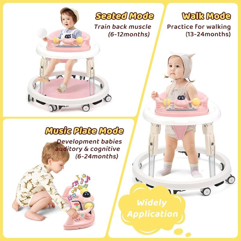 1-Touch Foldable Anti Fall Baby Walker, 7 Adjustable Heights, Portable Design, Anti-Rollover, Music Toy
