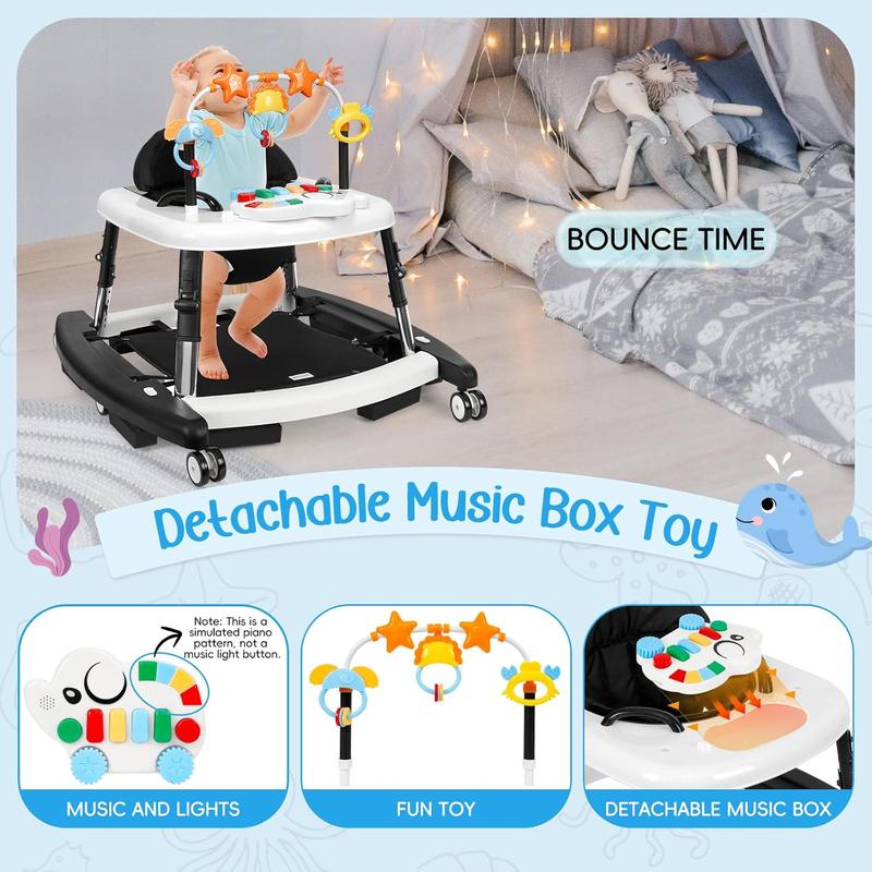 5-in-1 Baby Walker for 6-18 Months, 5 Adjustable Heights, Foldable Activity Walker with Bouncer, Music, Feeding Tray & Removable Footrest