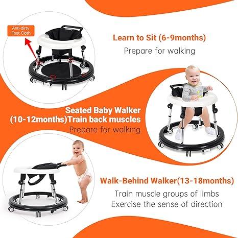 Baby Walker Foldable with Wheels, 9 Adjustable Heights, 7–18 Months