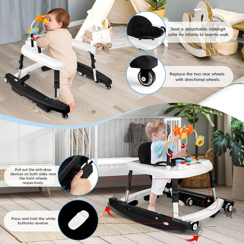 5-in-1 Baby Walker for 6-18 Months, 5 Adjustable Heights, Foldable Activity Walker with Bouncer, Music, Feeding Tray & Removable Footrest