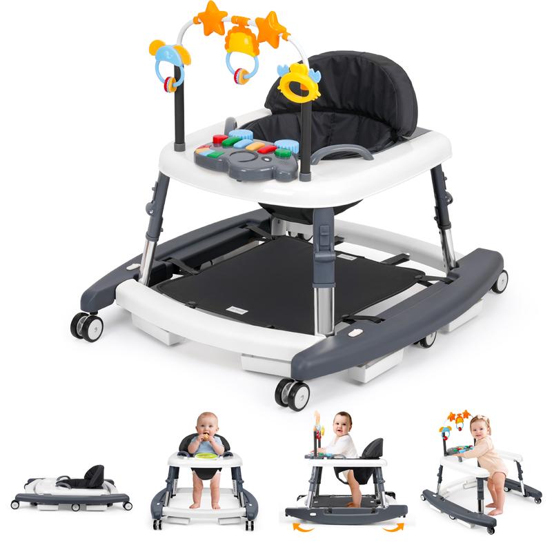 5-in-1 Baby Walker for 6-18 Months, 5 Adjustable Heights, Foldable Activity Walker with Bouncer, Music, Feeding Tray & Removable Footrest