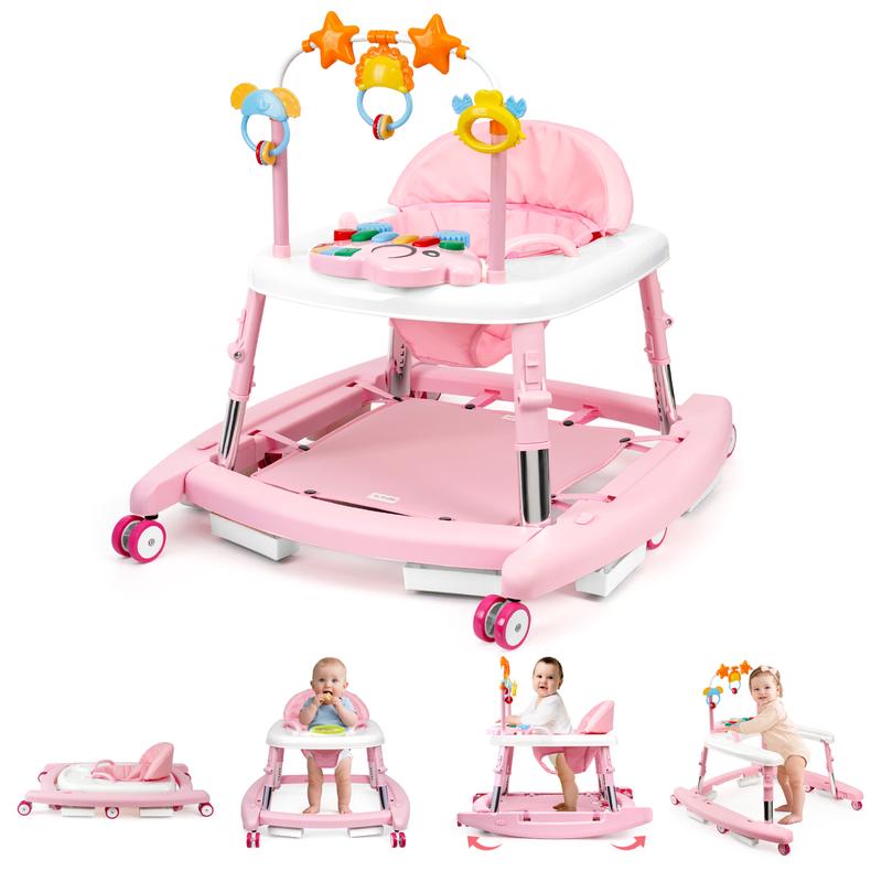5-in-1 Baby Walker for 6-18 Months, 5 Adjustable Heights, Foldable Activity Walker with Bouncer, Music, Feeding Tray & Removable Footrest