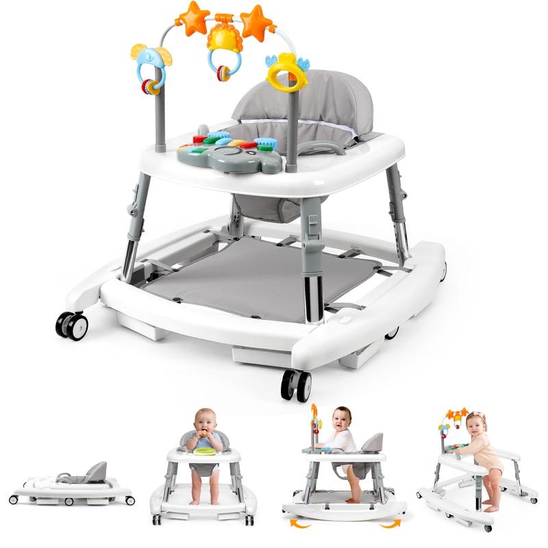 5-in-1 Baby Walker for 6-18 Months, 5 Adjustable Heights, Foldable Activity Walker with Bouncer, Music, Feeding Tray & Removable Footrest